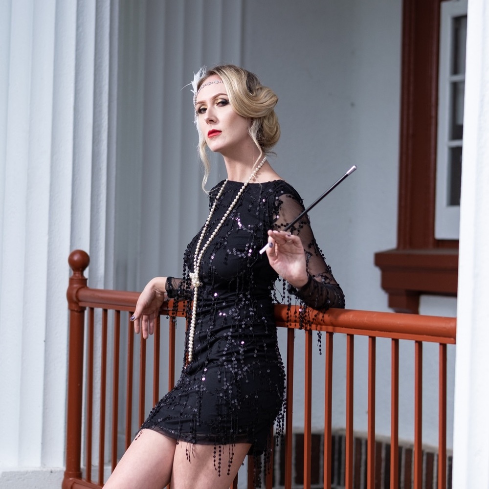 Black Windsor Dress with sequin fringe